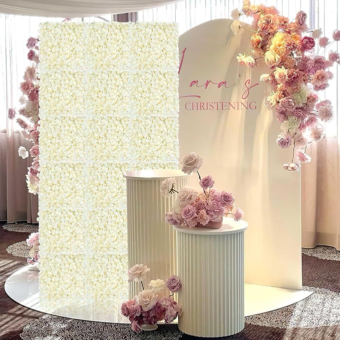 Ivory Backdrop Flowers Wall Panels: 18 Pcs 15 x 15 Inch Floral Backdrop Artificial Flower Wall Decor for Baby Shower Wedding Photo Background Decoration (3.75ft by 7.5ft)