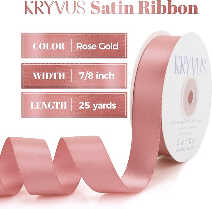 Rose Gold Satin Ribbon, Double Faced 7/8 Inch X 25 Yards Rose Gold Ribbon, Premium Satin Ribbon for Gift Wrapping, Crafts, Hair Bow Making, Sewing, Flower Bouquet, Wedding Party Decor
