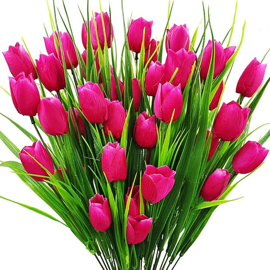 8 Bundles Outdoor Artificial Tulips Fake Flowers UV Resistant Faux Plastic Greenery Shrubs Plants for Home Outside Garden Porch Window Farmhouse Decor (Rose Red)