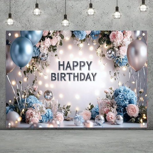 Blue Pink Happy Birthday Backdrop Banner Floral Balloon Photography Background Elegant Birthday Decorations Party Supplies Photo Booth Props 71x43 Inch