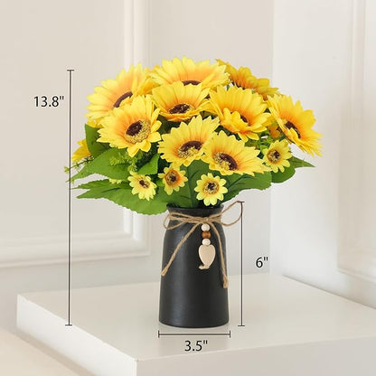 Artificial Sunflower Arrangement in Black Vase - 3 Bunches of Lifelike Sunflowers with Rustic Black Vase for Home Décor, Office, and Special Occasions