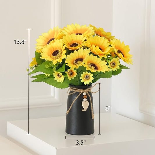 Artificial Sunflower Arrangement in Black Vase - 3 Bunches of Lifelike Sunflowers with Rustic Black Vase for Home Décor, Office, and Special Occasions