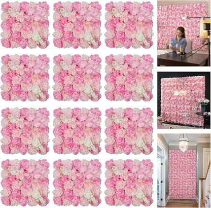 3D Flowers Wall Panel 15 * 15inch-12Pcs Artificial Flower Wall Background Silk Rose Mat for Home Party Wedding Backdrop Wall Decor Shop Photo Backdrop Floral Wall Arrangement