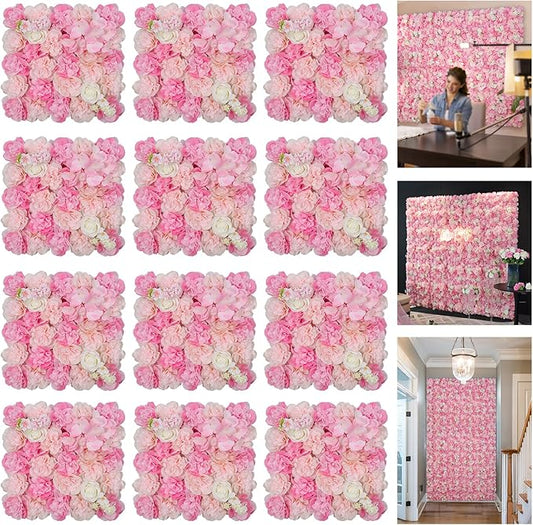 3D Flowers Wall Panel 15 * 15inch-12Pcs Artificial Flower Wall Background Silk Rose Mat for Home Party Wedding Backdrop Wall Decor Shop Photo Backdrop Floral Wall Arrangement