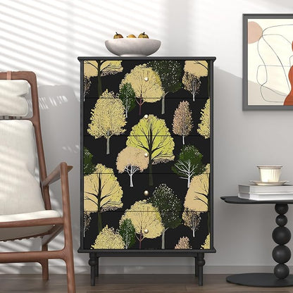 Forest Wallpaper Peel and Stick, Back/Green/Yelllow Trees Contact Paper,Abstract Woodland Landscape Wall Mural Self Adhesive Waterproof Removable for Bathroom Shelves Cabinet Drawer Table 17.5" x 118"