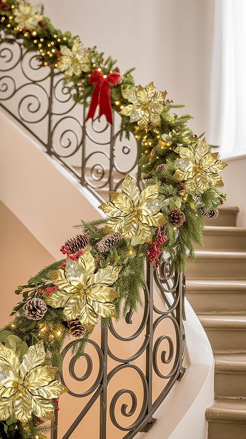 DILATATA 3 Pcs Artificial Christmas Flowers 11 Inch Glitter Poinsettia Picks Christmas Tree Ornaments Topper Decorations Gold Poinsettias Flowers for Xmas New Year Wreath Garland Wedding Party Decor
