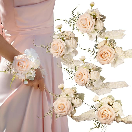 Blush Corsage for Wedding(Set of 6),Wrist Corsage for Woman,for Prom,Party Prom Hand Flower Decor,Mother of The Bride Corsage