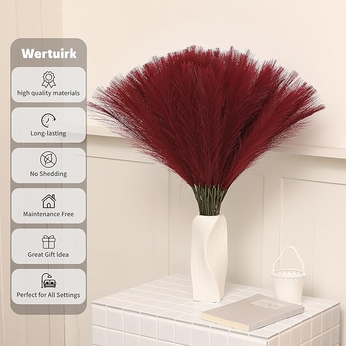 Faux Burgundy Pampas Grass - 30pcs 24 Inch Artificial Pampas Grass Decor Tall, Fake Pompas Grass for Vase Filler, Table Centerpieces, Wedding, Party and Home Decor (Burgundy, 60 Pieces)