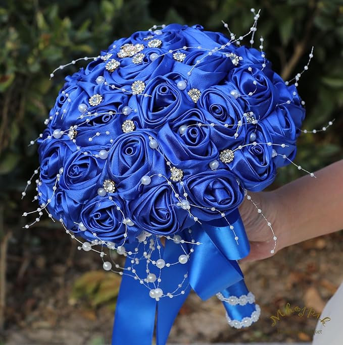 Bridal Wedding Bouquet Round Bling Brooch Bouquet Throw Toss Artificial Rose Flower Bunch for Bride Bridesmaid Wedding Quinceanera(Royal Blue, 7.5")