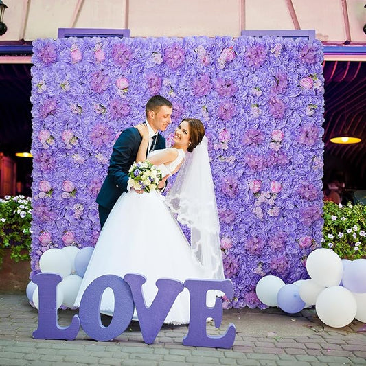 Artificial Flower Wall Backdrop 16pcs 16.5x16.5 Inch Silk Rose Artificial Floral Wall Panel Ideal for Wedding Celebrations, Festive Party Backdrops, and Elegant Home Decor-Purple