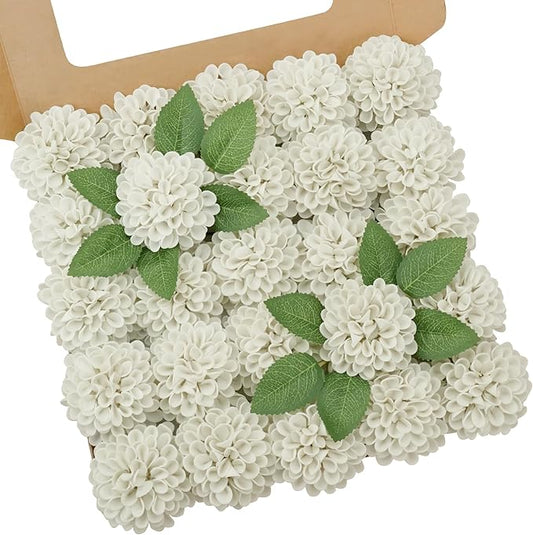 Artificial Flowers, 100pcs Realistic Artificial Rose for DIY Wedding Bouquets Centerpieces Arrangements, Sand White Dahlia Flowers with Stem for Bridal Shower Party Home Decorations