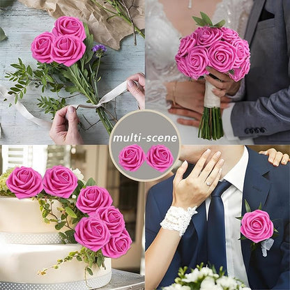 200Pcs Hot Pink Artificial Flowers Roses Real Looking Foam Fake Roses with Leaves and for DIY Wedding Bouquets Bridal Shower Centerpieces Party Decorations (Hot Pink, 200)