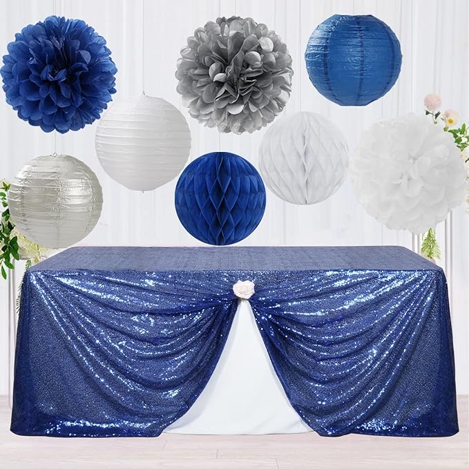Navy Blue Silver White Paper Flowers Tissue Pom Poms Honeycomb Lanterns 15pcs Royal Party Decorations Boy Birthday Wedding Baby Bridal Shower Bachelorette Graduation Hanging Supplies Mprocherify