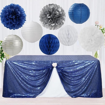 Navy Blue Silver White Paper Flowers Tissue Pom Poms Honeycomb Lanterns 15pcs Royal Party Decorations Boy Birthday Wedding Baby Bridal Shower Bachelorette Graduation Hanging Supplies Mprocherify