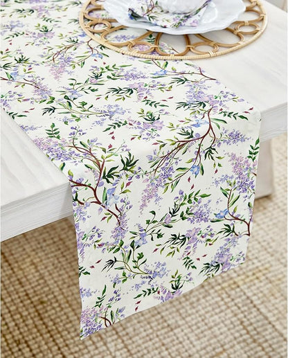 Solino Home Lilacs Floral Print Table Runner 108 Inches Long - 100% Pure Linen Table Runner 14 x 108 Inch - Handcrafted and Machine Washable - Lilacs/Off White Print