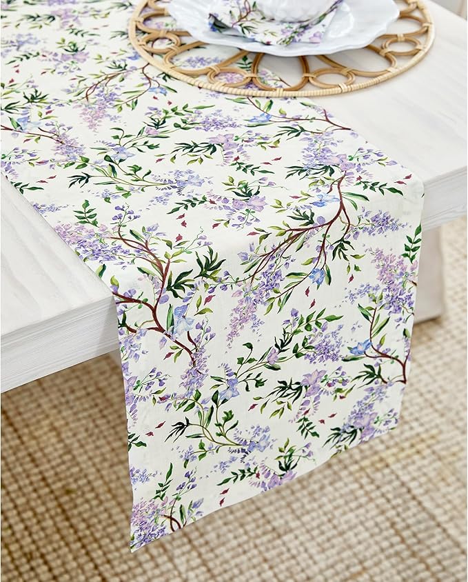 Solino Home Lilacs Floral Print Table Runner 72 Inches Long - 100% Pure Linen Table Runner 14 x 72 Inch - Handcrafted and Machine Washable - Lilacs/Off White Print