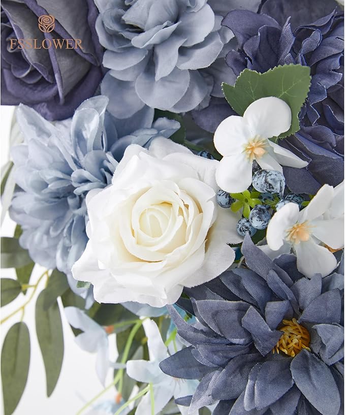 Wedding Arch Flowers with Drapes Kit (Pack of 5) - 2pcs Artificial Dusty Blue Deluxe Swag with 3pcs Sheer Drapes for Wedding Ceremony Backdrop Rose Floral Decoration Arbor Reception