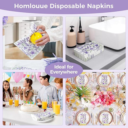 Homlouue Purple Lavender Floral Napkins, 100PCS 3 Ply Guest Towels Disposable Bathroom, Floral Paper Napkins Disposable, Flower Paper Napkins Decorative for Spring Summer Fall Party Decorations
