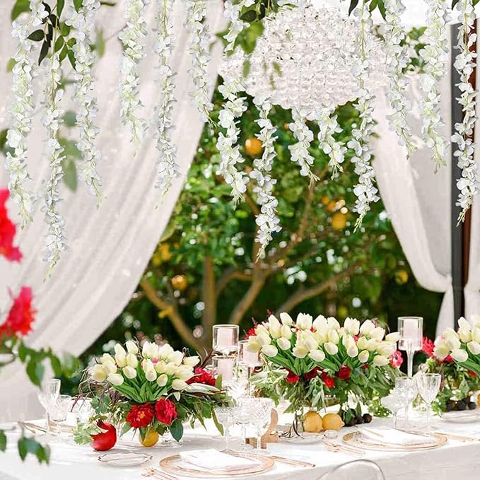 24 Pack White Wisteria Hanging Flowers Garland, 3.77 Feet Artificial Flower Vines, Fake Wisteria, Artificial Vines Hanging Garland for Backdrop Outdoor Yard Garden Decor