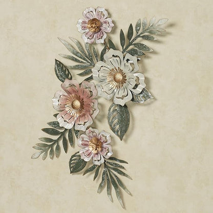 Floral Sway Wall Art Sculpture | Flower Blossoms | Bloom Metal Wall Art Decor | Hanging Wall Decor | Leaf | Pastel Pink Ivory Gold | Horizontal Vertical Nature | Handpainted | Dimensional Home Accent