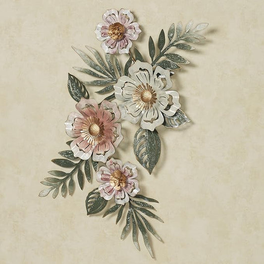 Floral Sway Wall Art Sculpture | Flower Blossoms | Bloom Metal Wall Art Decor | Hanging Wall Decor | Leaf | Pastel Pink Ivory Gold | Horizontal Vertical Nature | Handpainted | Dimensional Home Accent