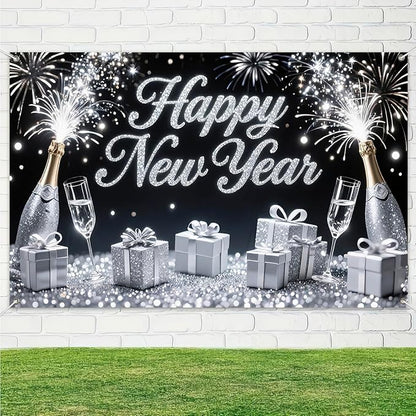 Happy New Year Banner 71x43 Inch Silver Champagne Party Wall Decoration Fireworks Photo Backdrop for Indoor Countdown Celebration Holiday Event and Home Background Display