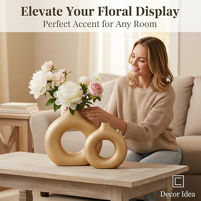 Modern Donut-Shaped Decorative Vases, Handmade Minimalist Boho ins Style, Modern Vase for Home Decor for Wedding Dinner Table Party Living Room Office Bedroom (Gold, Extra Large + Large)