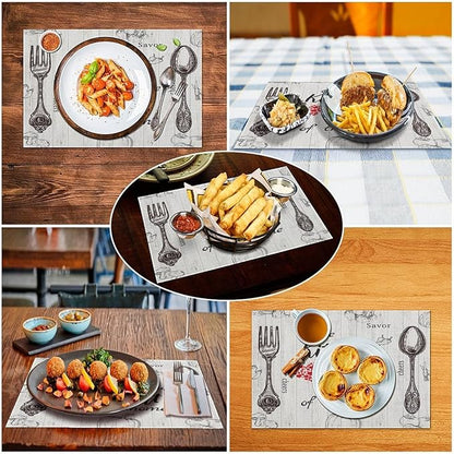 Vegetable Placemats Vintage Rustic Wooden Plank Kitchen Utensils Cutlery Tomato Pumpkin Mushroom Carrot Placemats Table Kitchen Dining Party 12x18 Inch Set of 6