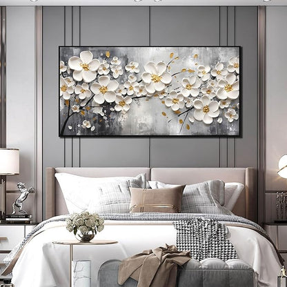 Flowers Canvas Wall Art for Bedroom - White Art Paintings for Wall Living Room - Framed Wall Art for Office Large Size 29" x 59"