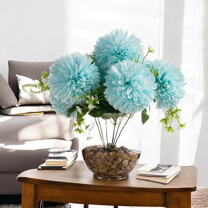 ENOVA FLORAL 7 Heads Silk Marigold Artificial Flowers in Vase,Faux Marigold Flowers Arrangement in Round Bowl Vase with Faux Water and River Rock for Table Decor Centerpieces (Marigold-Aqua)
