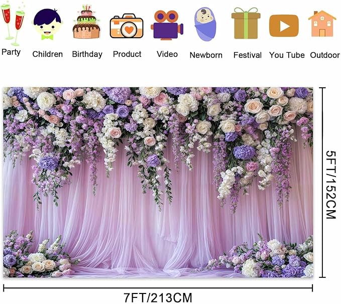 7x5ft Purple Lavender Floral Bridal Backdrop Wedding Flower Photography Backdrop for Girl Portrait Baby Shower Birthday Party Decor Banner Mother's Day Party Wall Backdrop Studio Photo Backgrounds
