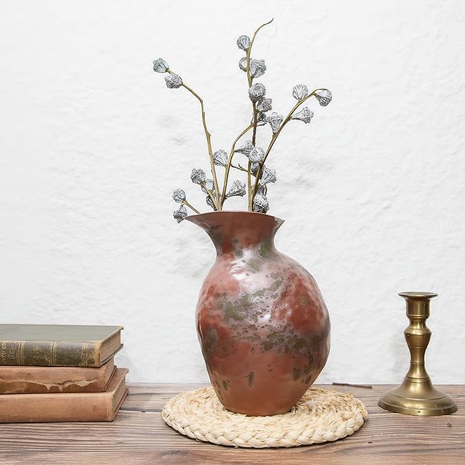 Rustic Ceramic Vase Vintage Farmhouse Style Decor, Frosted Texture Pottery for Home Decor, Modern Living Room, Office Desk Table Centerpiece (Grey and Green) 8IN