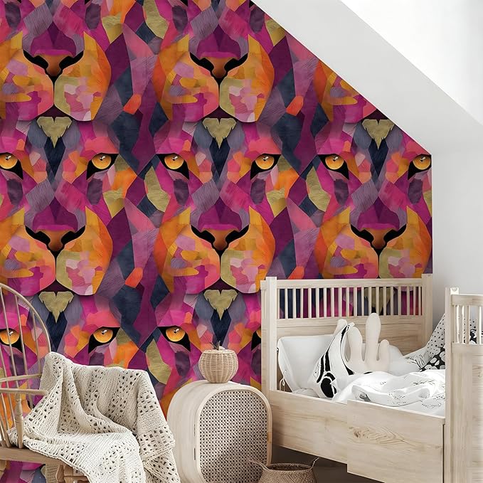 Floral Peel and Stick Modern Animal Wallpaper Whimsical Lion Removable Colorful 17.7" x 118.11" Wall Paper Watercolor Self Adhesive Contact Paper for Classroom Bedroom Laundry Room Bathroom