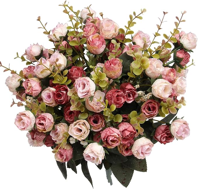 Flojery 21 Heads Silk Rose Bouquet Artificial Flowers Mini Rose for DIY Wedding Bouquets Centerpieces Bridal Shower Party Home Decorations,Pack of 4 （Pink）