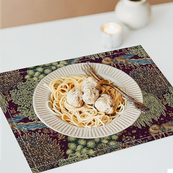 William Morris Flower Placemats Set of 4, Vintage Boho Floral Tree Plant Deers Woodland Animals Place Mats, Heat Resistant Non Slip Cotton Linen Dining Table Mats for Home Kitchen Party 18x12 Inch 1PC