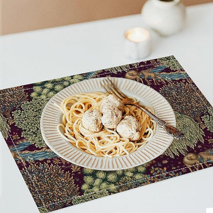 William Morris Flower Placemats Set of 4, Vintage Boho Floral Tree Plant Deers Woodland Animals Place Mats, Heat Resistant Non Slip Cotton Linen Dining Table Mats for Home Kitchen Party 18x12 Inch 1PC
