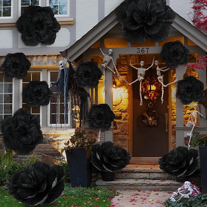 Giant Paper Flowers Artificial Large Paper Flower Decoration for Handcrafted Wall Backdrop Christmas Mexican Wedding Graduation Bridal Shower Birthday Party Supplies(Black,12 Pcs)