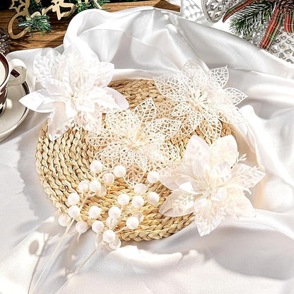 24Pcs Christmas Poinsettia Artificial Flowers and Glitter Berries Kit, 2 Styles Total 16Pcs Christmas Tree Flowers Ornaments, 8Pcs Christmas Tree Picks for Wedding Holiday Decorations, White