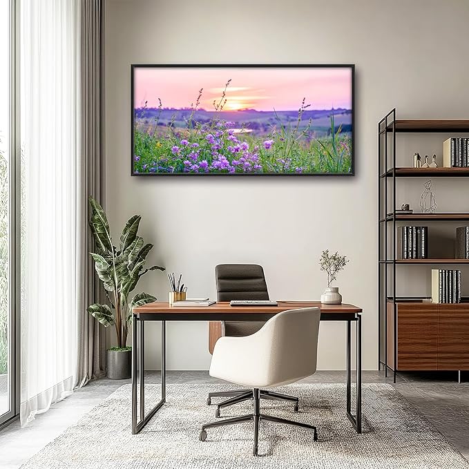 Nature Scenery Large Wall Art Sunset Framed Wall Decor for Living Room Countryside Wildflowers Pictures Oversized Canvas Print Painting Modern Extra Large Framed Artwork for Bedroom Office 60"x30"