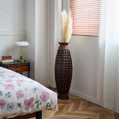 Large Hand-Woven Bamboo Floor Vase, Tall Home Decor Floor Vase for Fake Flower Dried, Flower Holder for Living Room, Bedroom, Dining Room, Entryway, Hallway