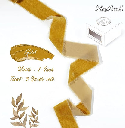 MAYREEL 2 Inch Gold Velvet Ribbon Hand Torn Golden Silk Frayed Edge for Bridal Bouquets Invitations Wedding Vow Books Gift Baskets Hair Bows 3 Yards