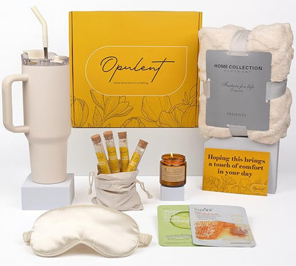 Luxury Self Care Gifts for Women, Get Well Soon Gift Basket, Care Package for Women with Cozy Blanket, 40oz Tumbler, Candle, Bath Salts, Spa Gift Box and Birthday Hug in a Box for Her, Golden Honey