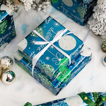 MAYPLUSS Christmas Gift Wrapping Paper Roll - 17 Inch X 33 Feet - Luxury Metallic Vintage Navy Blue Elegant Christmas Ornaments Winter Gift Wrap Present Paper for Holiday, Hanukkah, Festive Decoration