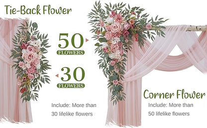 Wedding Arch Flowers with Drapes Kit (Pack of 4) - 2pcs Artificial Dusty Rose Deluxe Swag with 2pcs Sheer Drapes for Wedding Ceremony Arbor Reception Backdrop Rose Floral Decoration