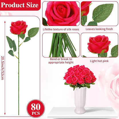 80 Pcs Roses Artificial Flowers, Silk Red Artificial Flowers Petals Long Stem Roses for Wedding Bouquet Home Party Decor