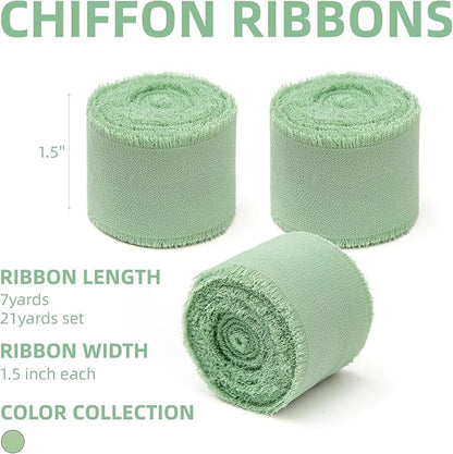 3 Rolls Sage Green Handmade Chiffon Ribbon,1.5" x 21Yd Frayed Fringe Silk Ribbons (3 Rolls *7Yd) for Gifts Wrapping, Wedding Invitations, Bridal Bouquets, Decorations
