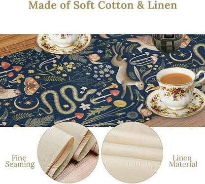 Fairy Forest Table Runner, Rustic Retro Woodland Wildlife Owl Squirrel Flowers Mushroom Seasonal Holiday Kitchen Dining Coffee Table Decoration For Home Indoor Outdoor Party Wedding, 13x70inch