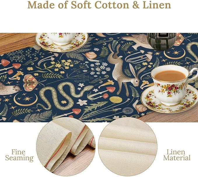 Fairy Forest Table Runner, Rustic Retro Woodland Wildlife Owl Squirrel Flowers Mushroom Seasonal Holiday Kitchen Dining Coffee Table Decoration For Home Indoor Outdoor Party Wedding, 13x60inch