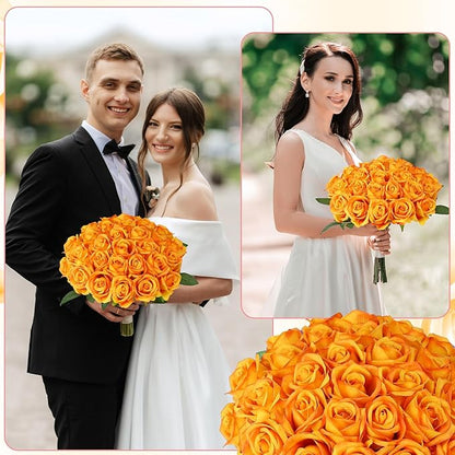80 Pcs Roses Artificial Flowers, Silk Gradient Yellow Artificial Flowers Petals Long Stem Roses for Wedding Bouquet Home Party Decor