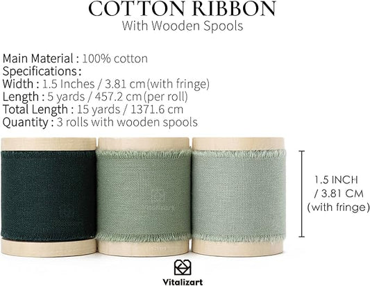 Vitalizart Green Ribbon 1-1/2" x 15 Yd 100% Cotton Handmade Frayed Fringe Fabric Ribbons for Gift Wrapping Wedding Invites Bridal Shower Bouquets Christmas Decorations